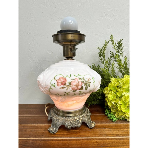 Vintage Hurricane 3-way Milk Glass Globe Floral Gone with the Wind Lamp Base - Picture 5 of 8